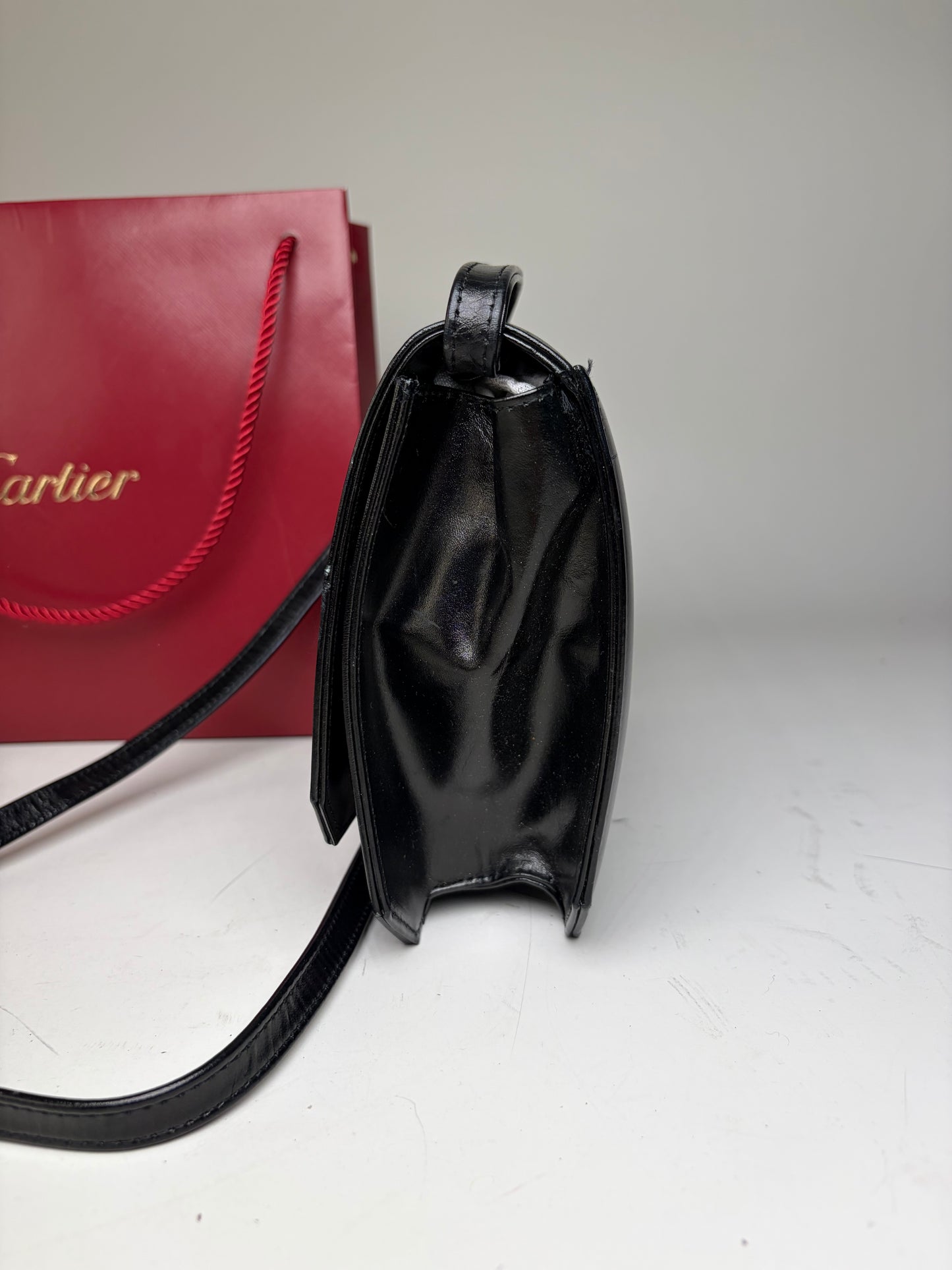 Vintage Cartier Leather Crossbody Bag Black Gold Turn-Lock