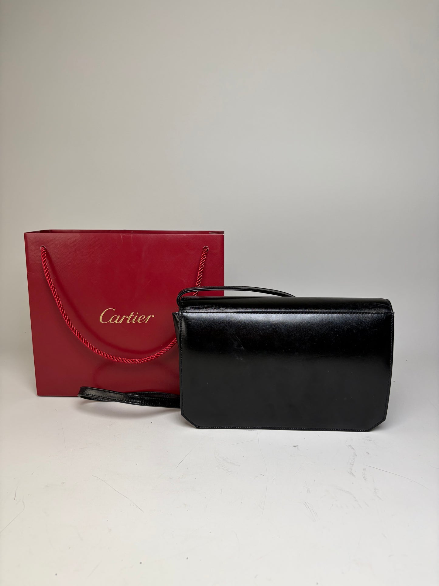 Vintage Cartier Leather Crossbody Bag Black Gold Turn-Lock