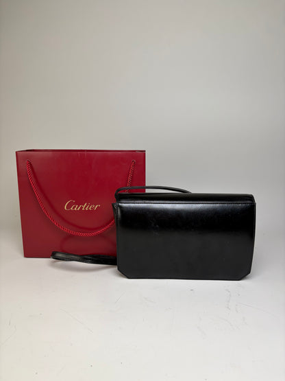 Vintage Cartier Leather Crossbody Bag Black Gold Turn-Lock