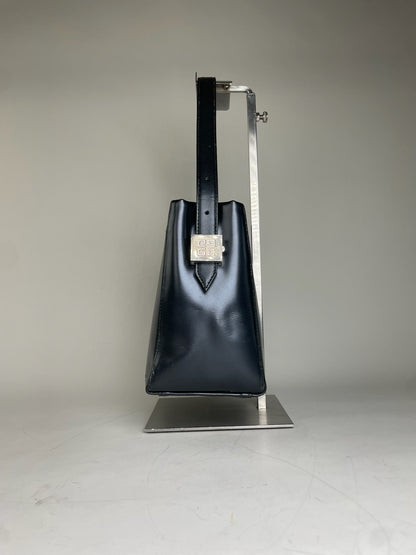 Vintage Givenchy Structured Leather Handbag Navy Silver