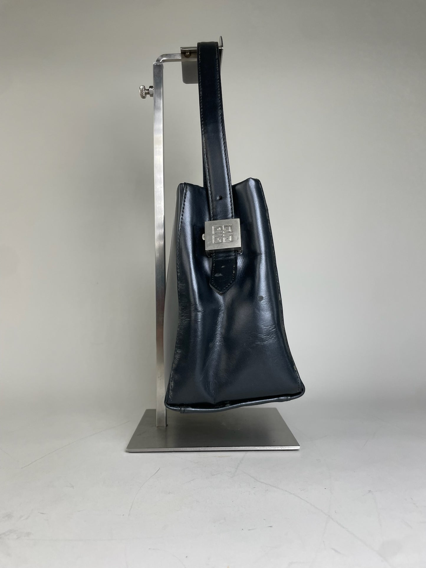 Vintage Givenchy Structured Leather Handbag Navy Silver
