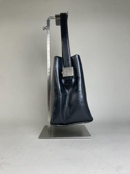 Vintage Givenchy Structured Leather Handbag Navy Silver
