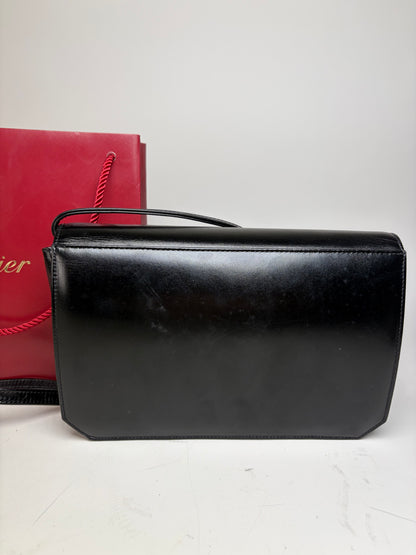 Vintage Cartier Leather Crossbody Bag Black Gold Turn-Lock