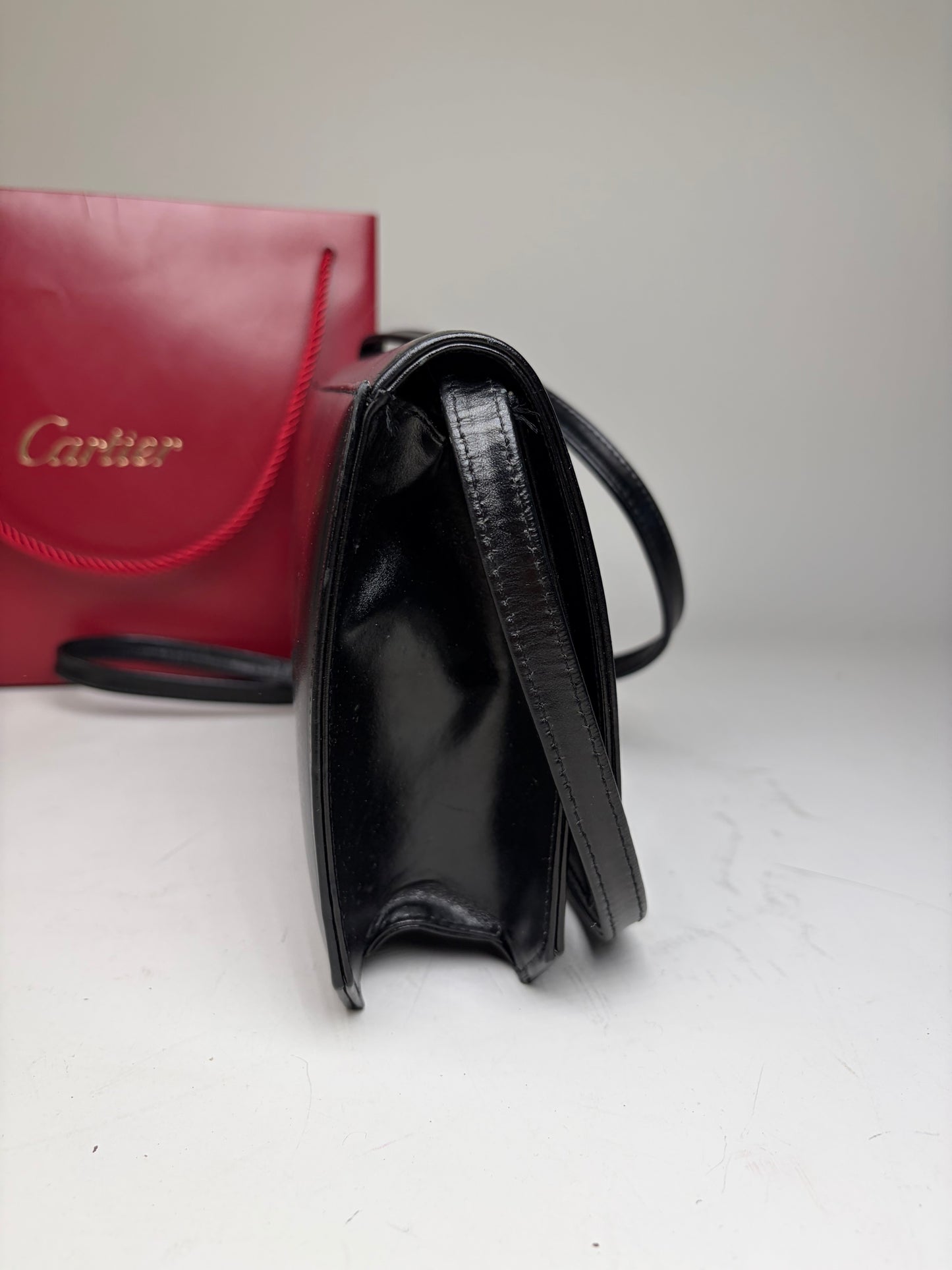 Vintage Cartier Leather Crossbody Bag Black Gold Turn-Lock