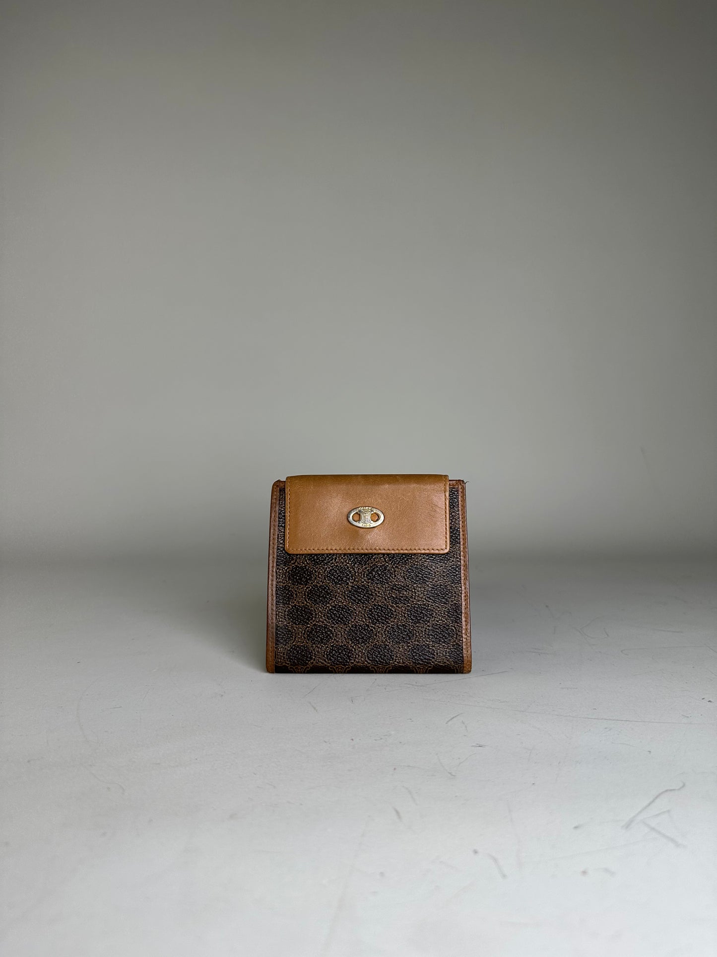 Vintage Celine Coated Canvas Wallet Brown Tan Gold