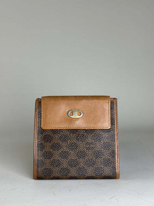 Vintage Celine Coated Canvas Wallet Brown Tan Gold
