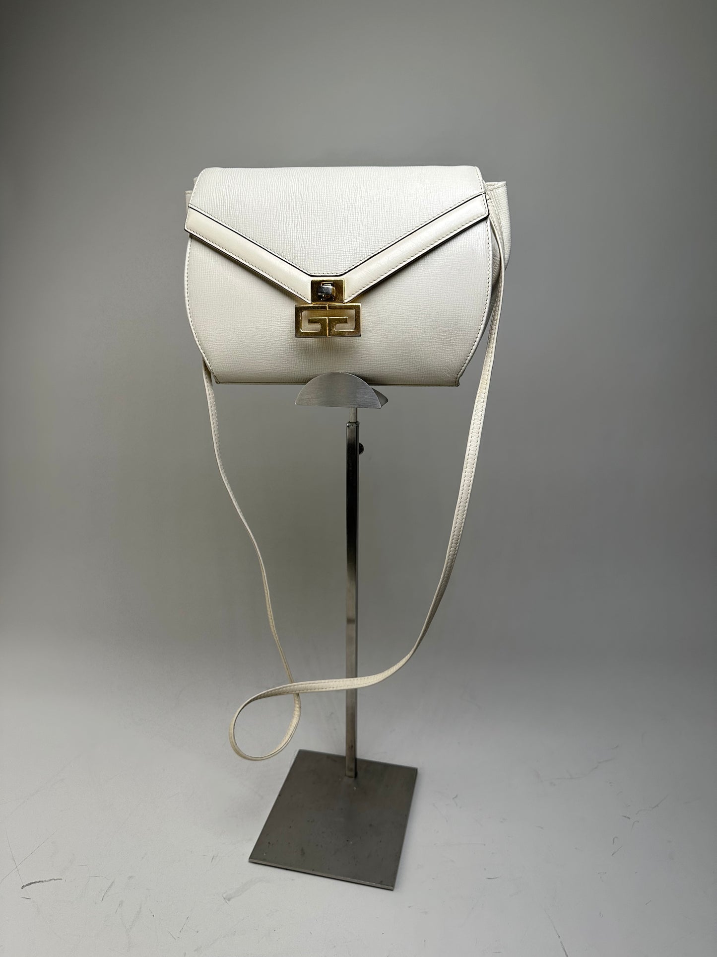 Vintage Givenchy Textured Leather Shoulder Bag White Gold