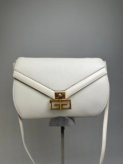 Vintage Givenchy Textured Leather Shoulder Bag White Gold