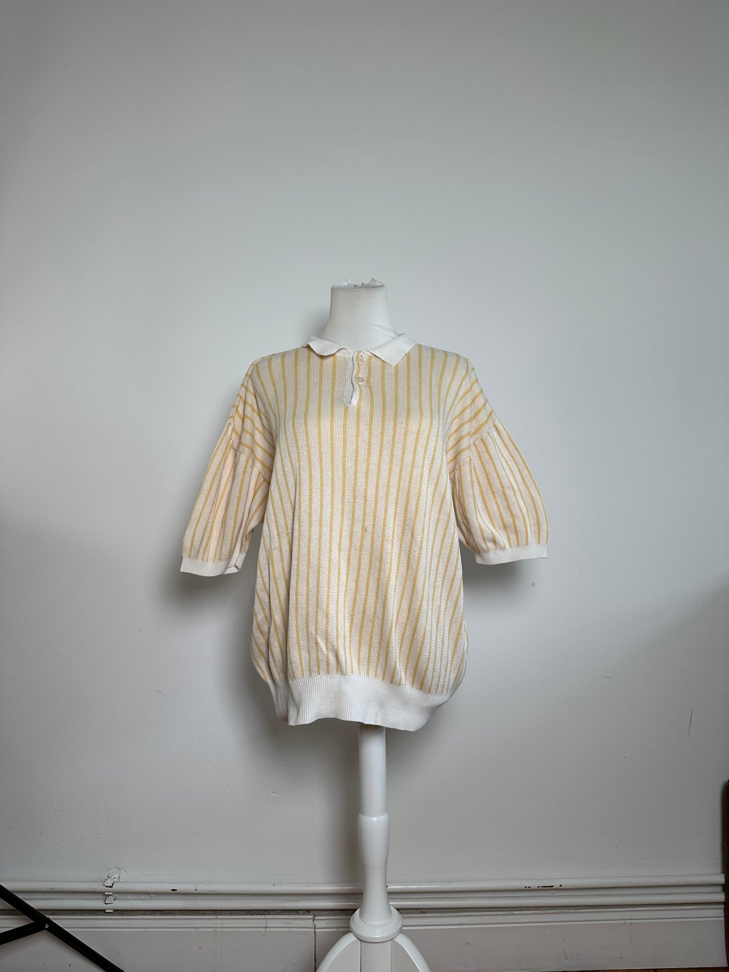Vintage Dior Mens Cotton Knit Polo Top Cream Yellow Striped L