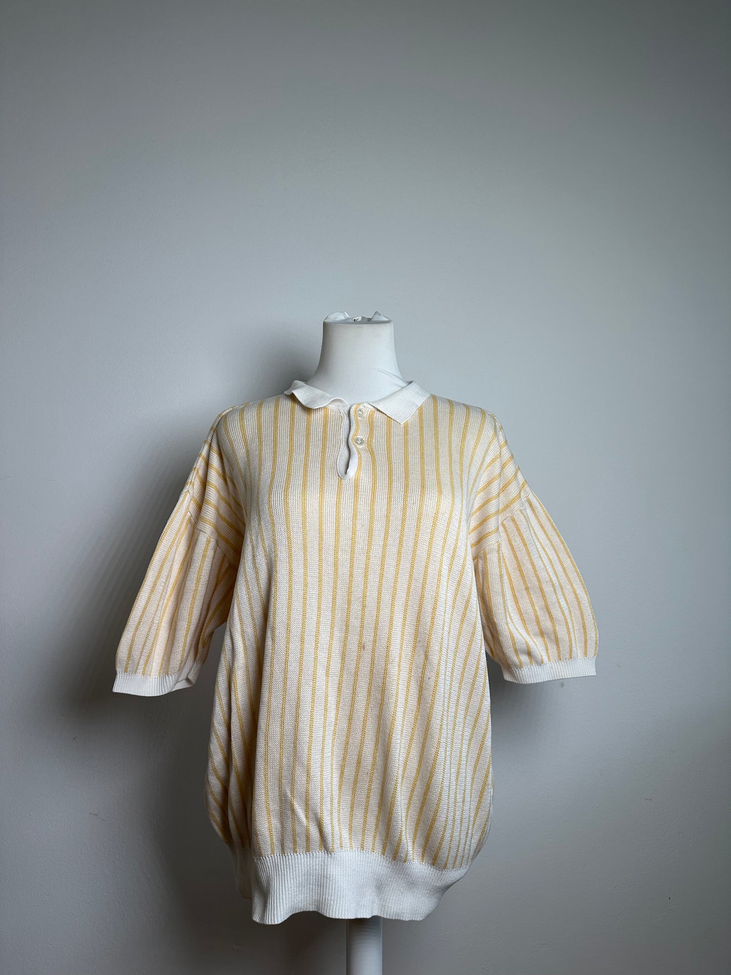 Vintage Dior Mens Cotton Knit Polo Top Cream Yellow Striped L