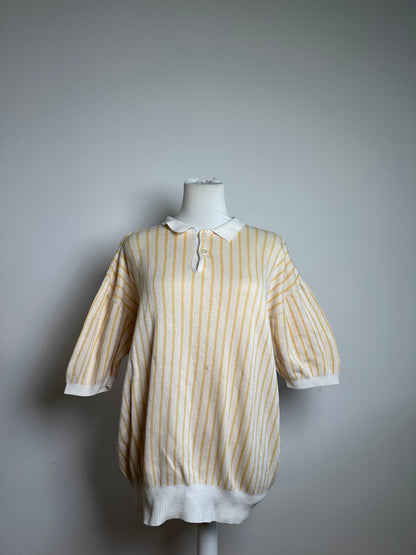 Vintage Dior Mens Cotton Knit Polo Top Cream Yellow Striped L