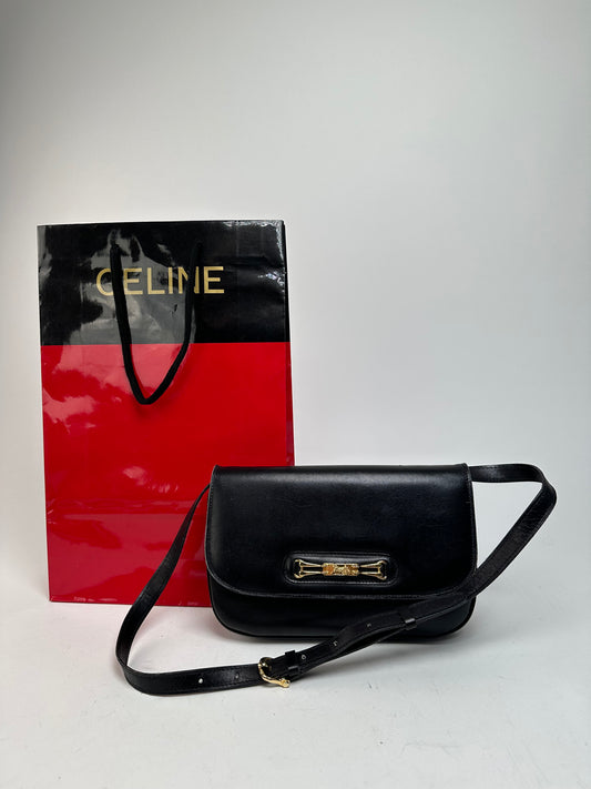 Vintage Celine Leather Shoulder Bag Black
