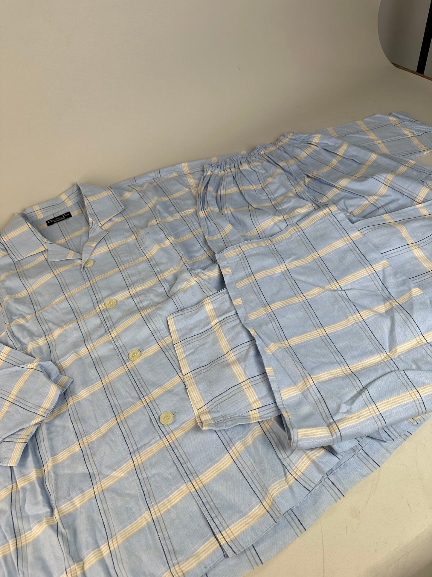 Vintage Dior Men's Cotton Pajama Set Light Blue Navy M