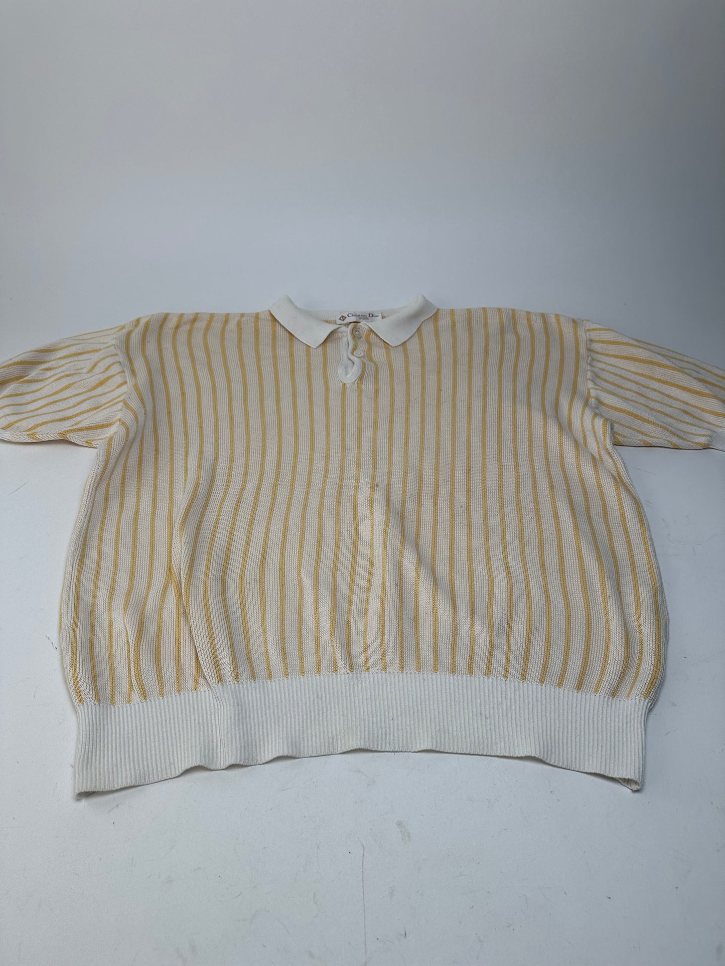 Vintage Dior Mens Cotton Knit Polo Top Cream Yellow Striped L