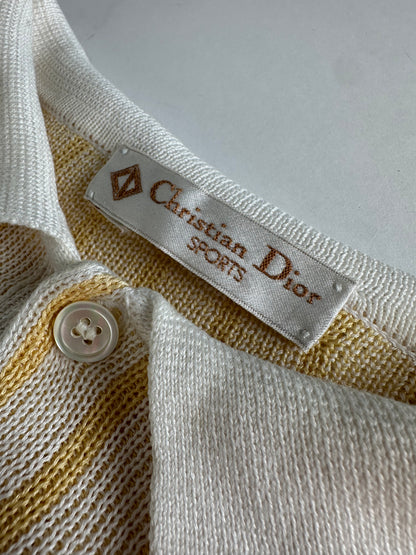 Vintage Dior Mens Cotton Knit Polo Top Cream Yellow Striped L