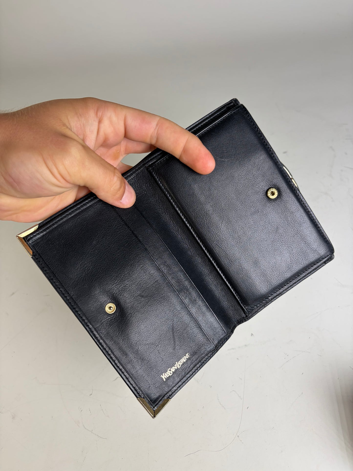 Vintage Yves Saint Laurent Leather Wallet Black Gold-tone
