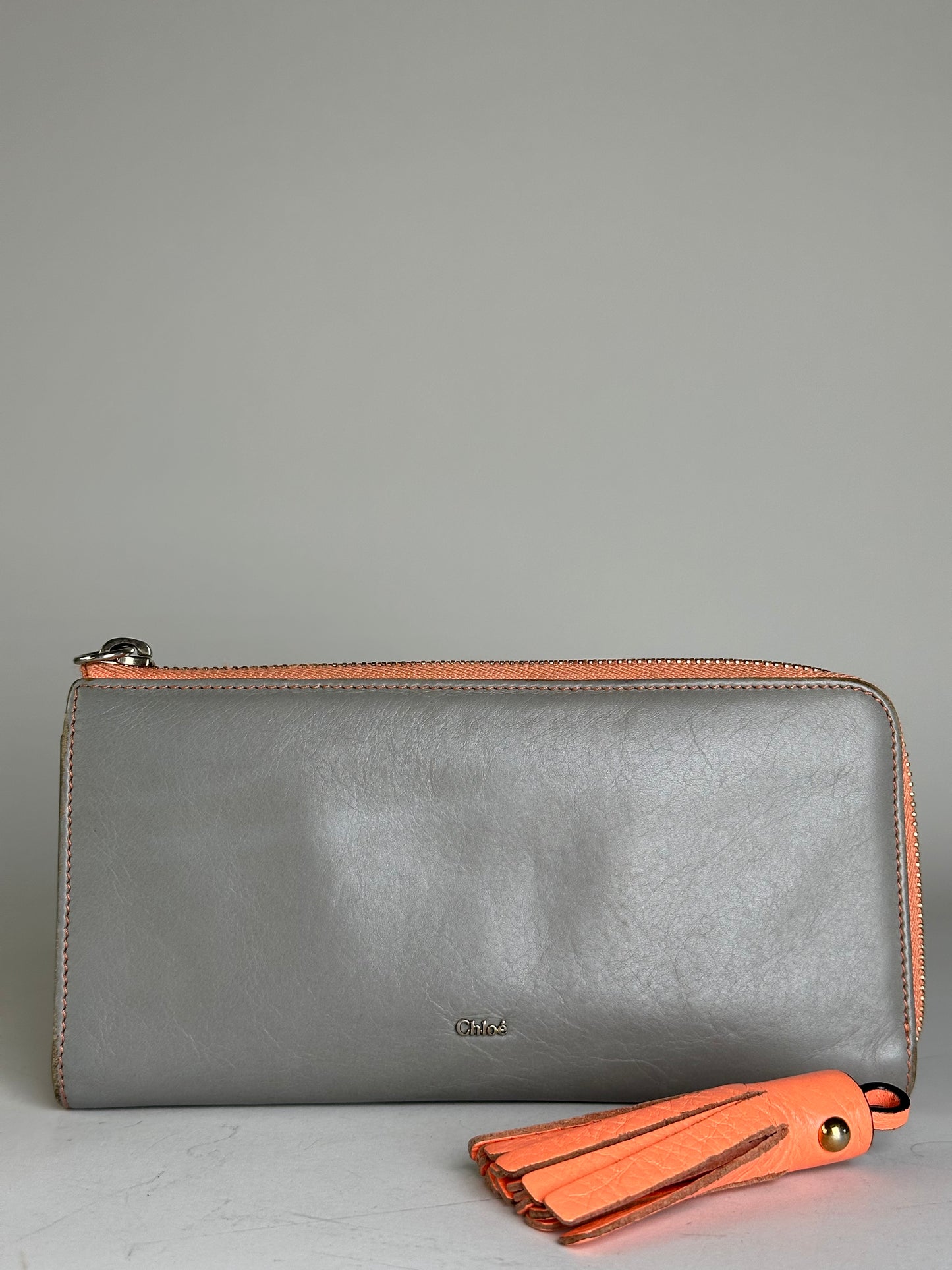 Vintage Chloe Leather Zip Wallet Grey Orange