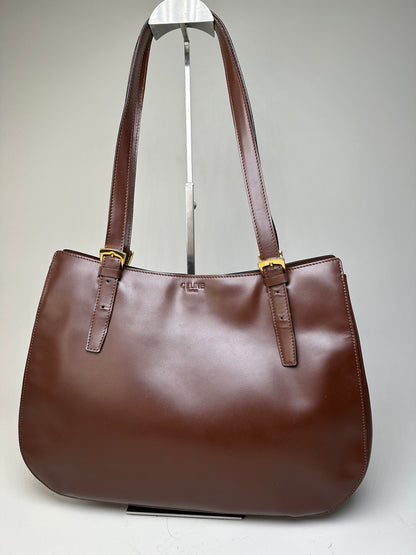 Vintage Celine Smooth Leather Tote Dark Brown Gold