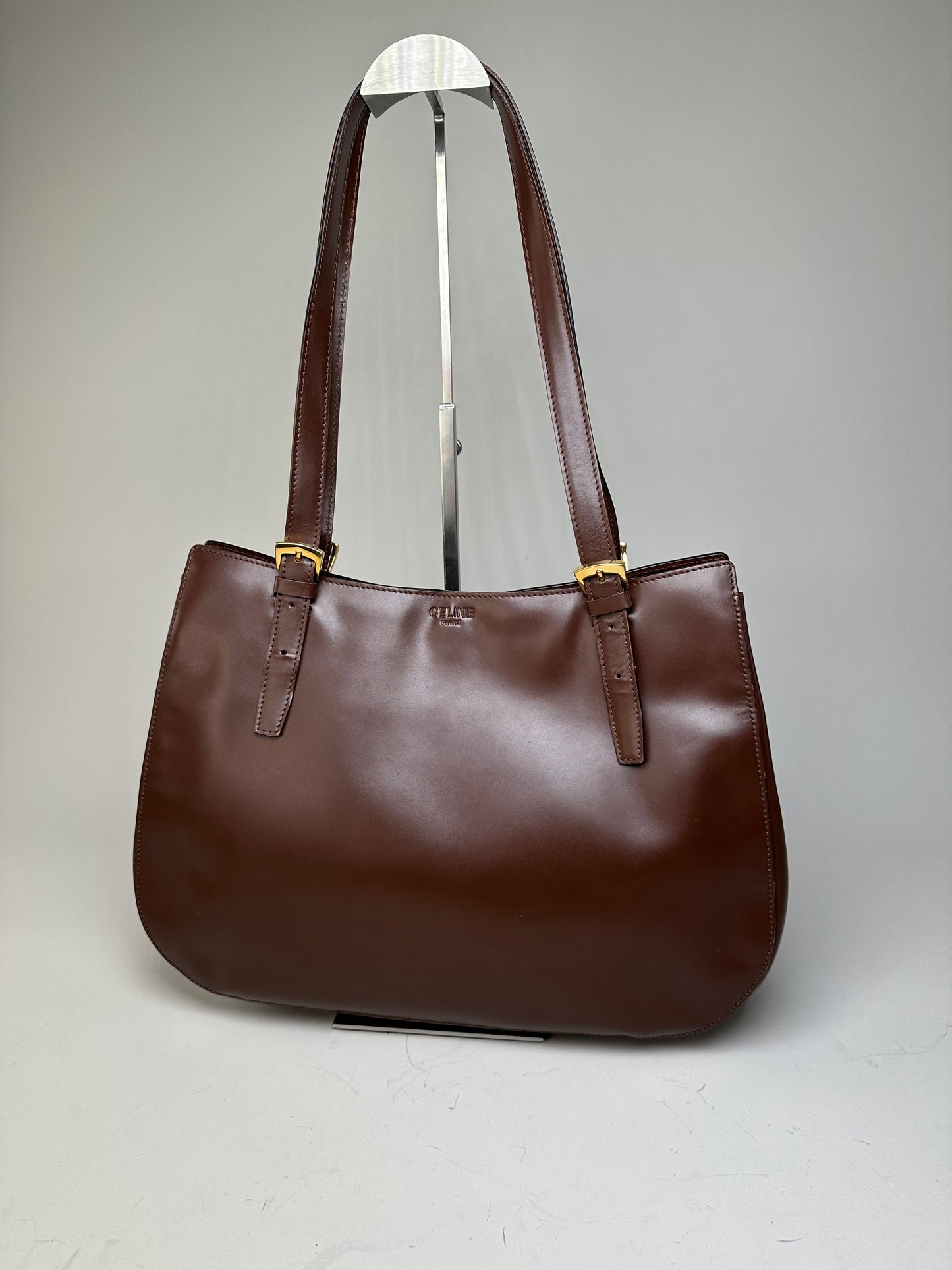 Vintage Celine Smooth Leather Tote Dark Brown Gold