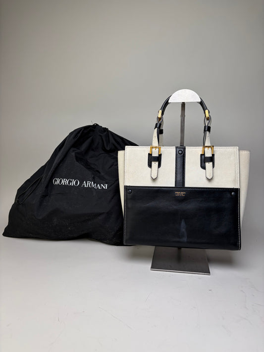 Vintage Giorgio Armani Leather Tote Black Cream Gold