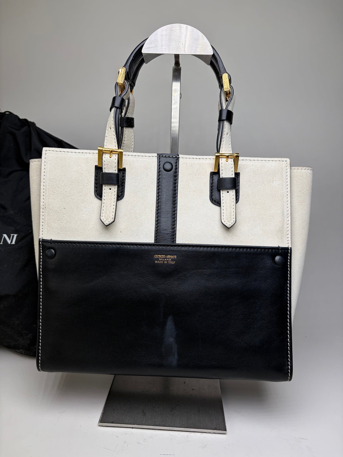 Vintage Giorgio Armani Leather Tote Black Cream Gold