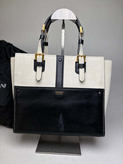 Vintage Giorgio Armani Leather Tote Black Cream Gold