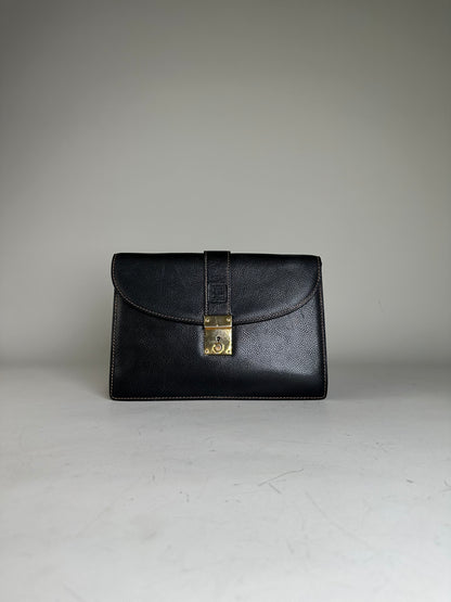 Vintage Givenchy Leather Clutch Bag Black Gold-tone Clasp