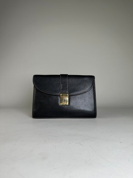 Vintage Givenchy Leather Clutch Bag Black Gold-tone Clasp