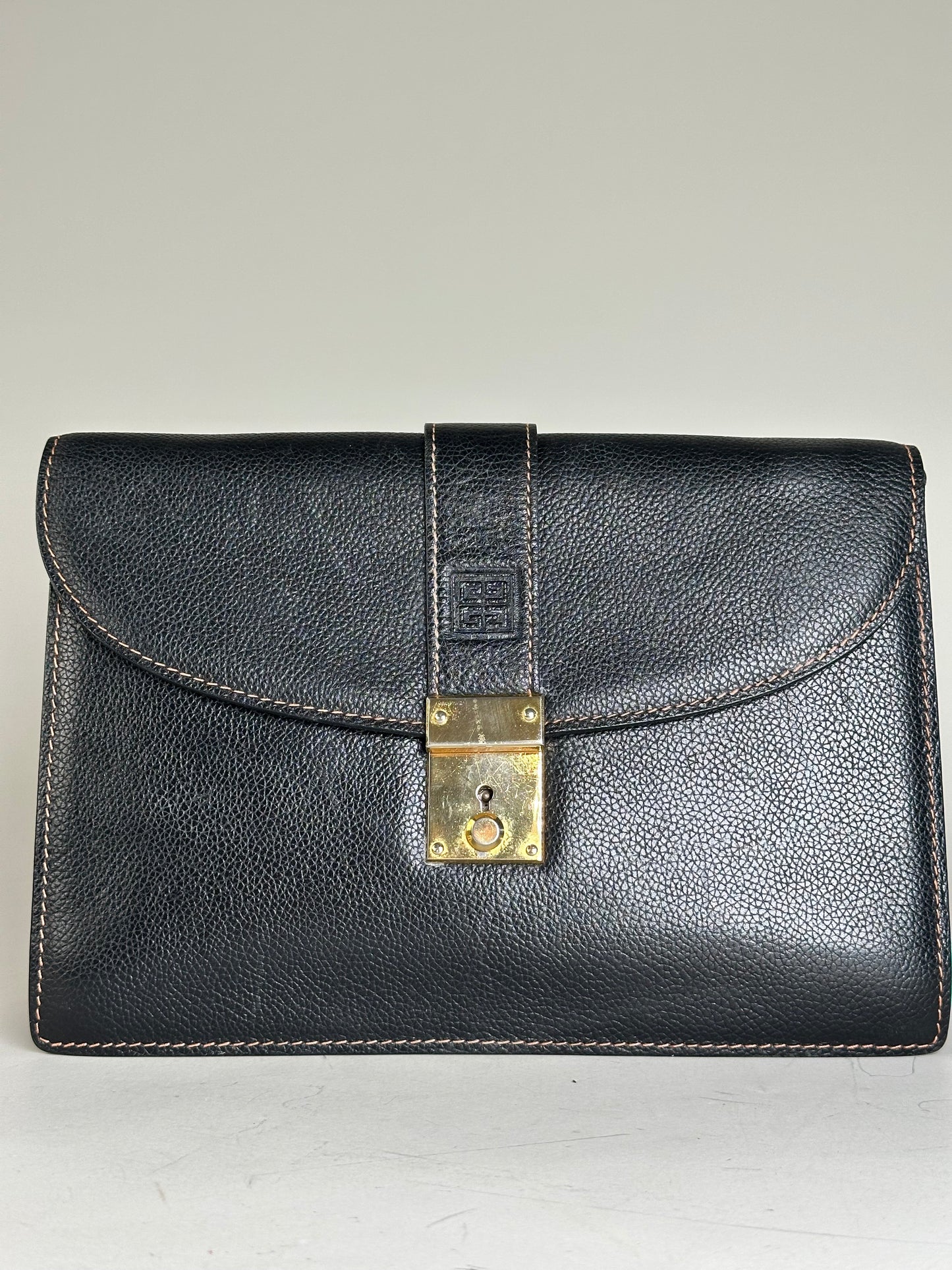 Vintage Givenchy Leather Clutch Bag Black Gold-tone Clasp