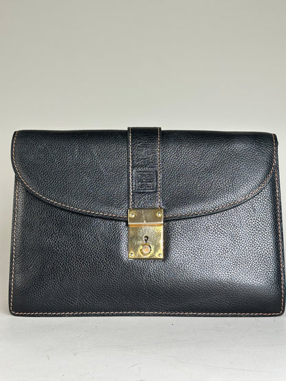 Vintage Givenchy Leather Clutch Bag Black Gold-tone Clasp