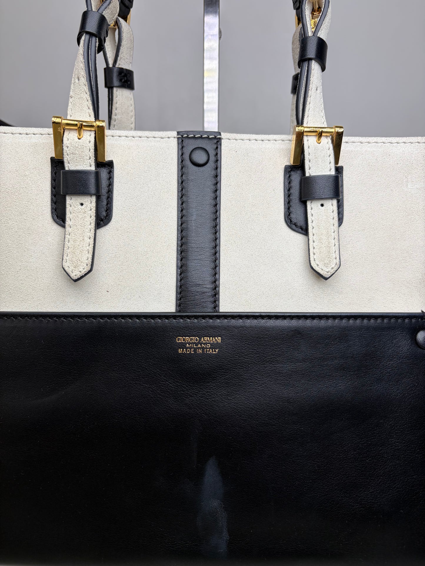 Vintage Giorgio Armani Leather Tote Black Cream Gold