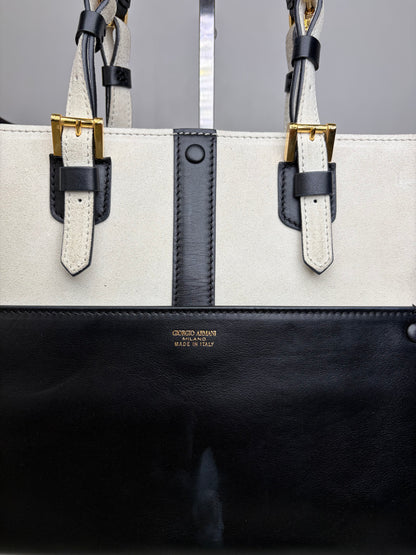Vintage Giorgio Armani Leather Tote Black Cream Gold