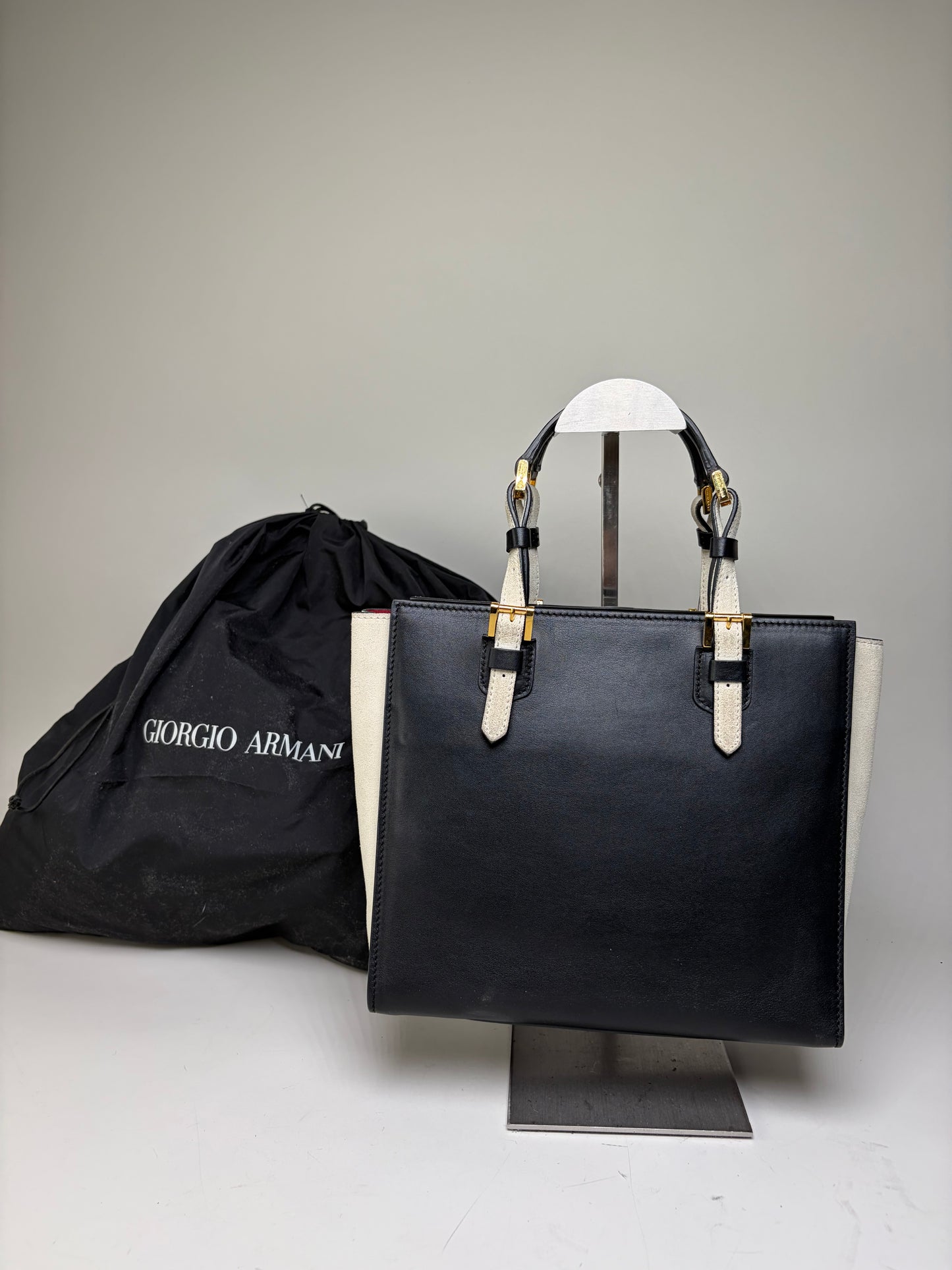 Vintage Giorgio Armani Leather Tote Black Cream Gold