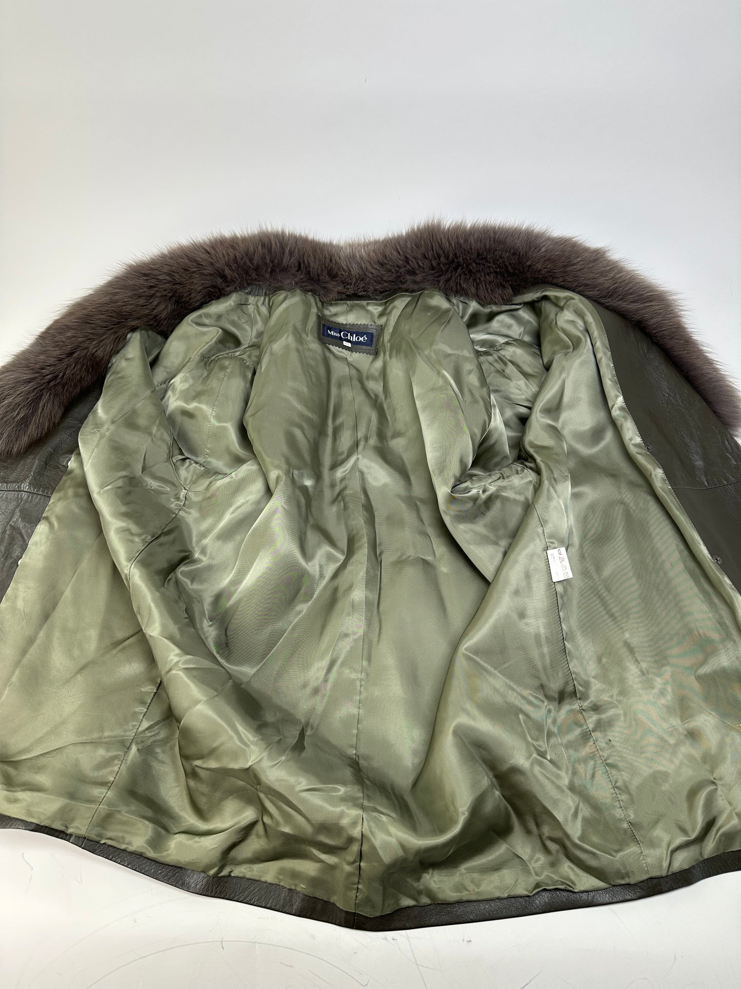Vintage Chloé Leather Fur Trim Coat Olive Green L