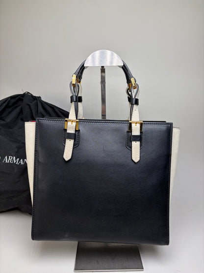 Vintage Giorgio Armani Leather Tote Black Cream Gold