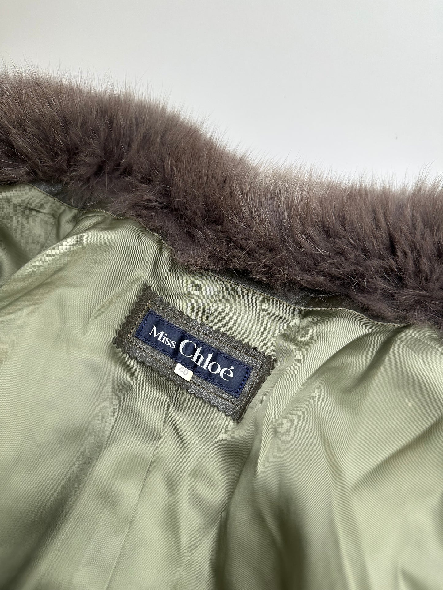 Vintage Chloé Leather Fur Trim Coat Olive Green L