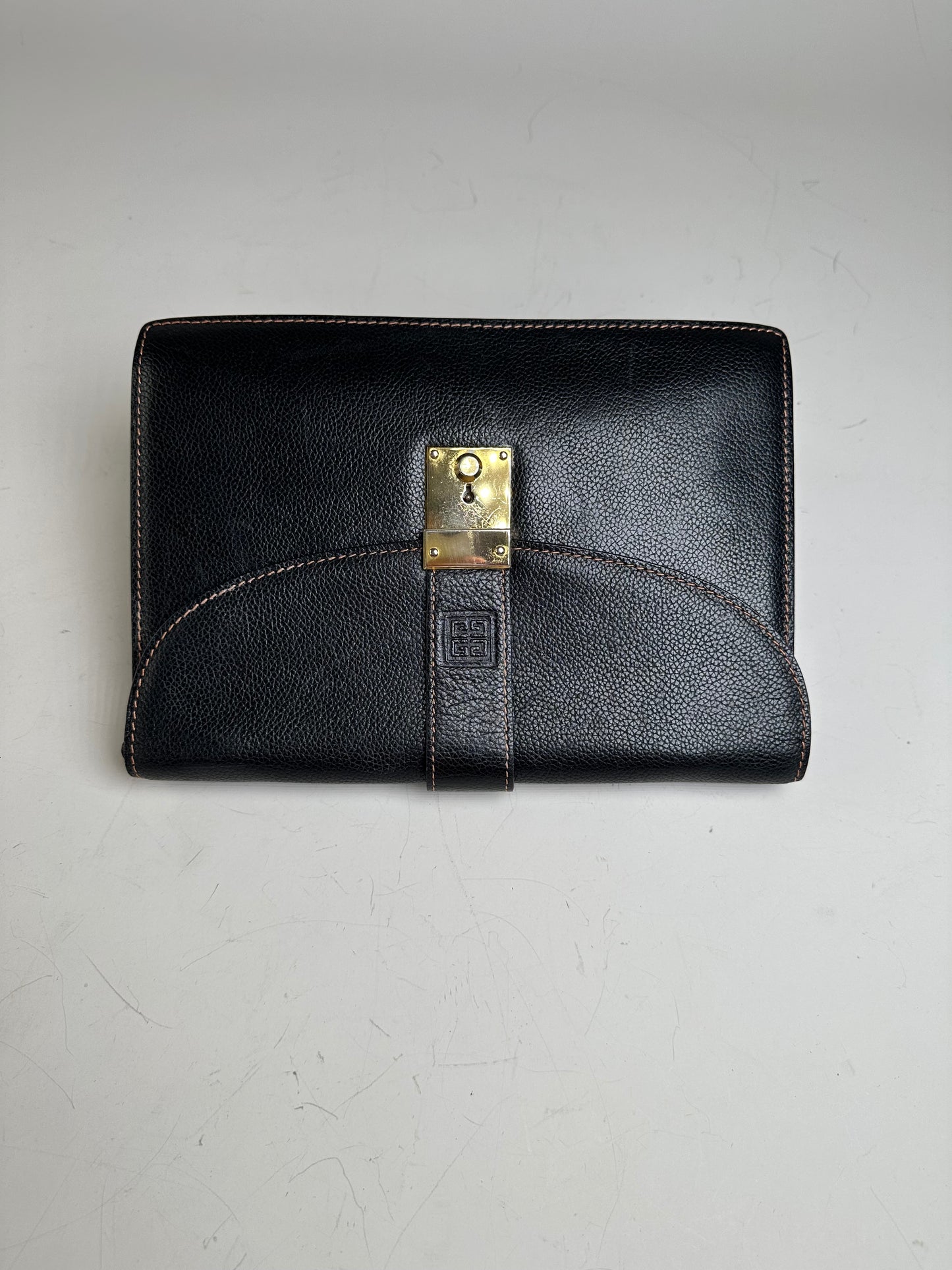 Vintage Givenchy Leather Clutch Bag Black Gold-tone Clasp