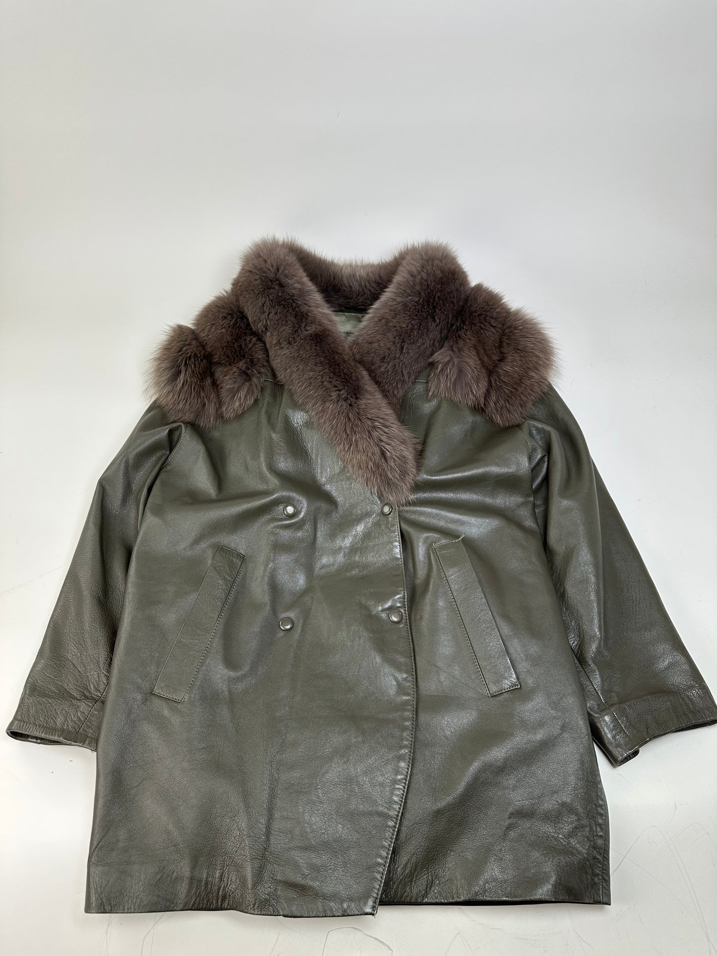 Vintage Chloé Leather Fur Trim Coat Olive Green L