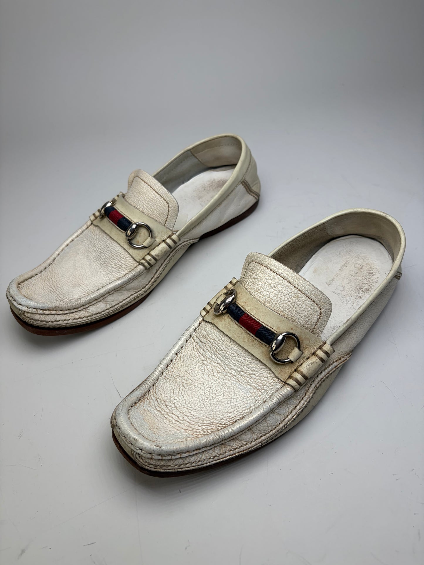 Vintage Gucci Men's Leather Loafers Cream Silver Buckle EU41.5