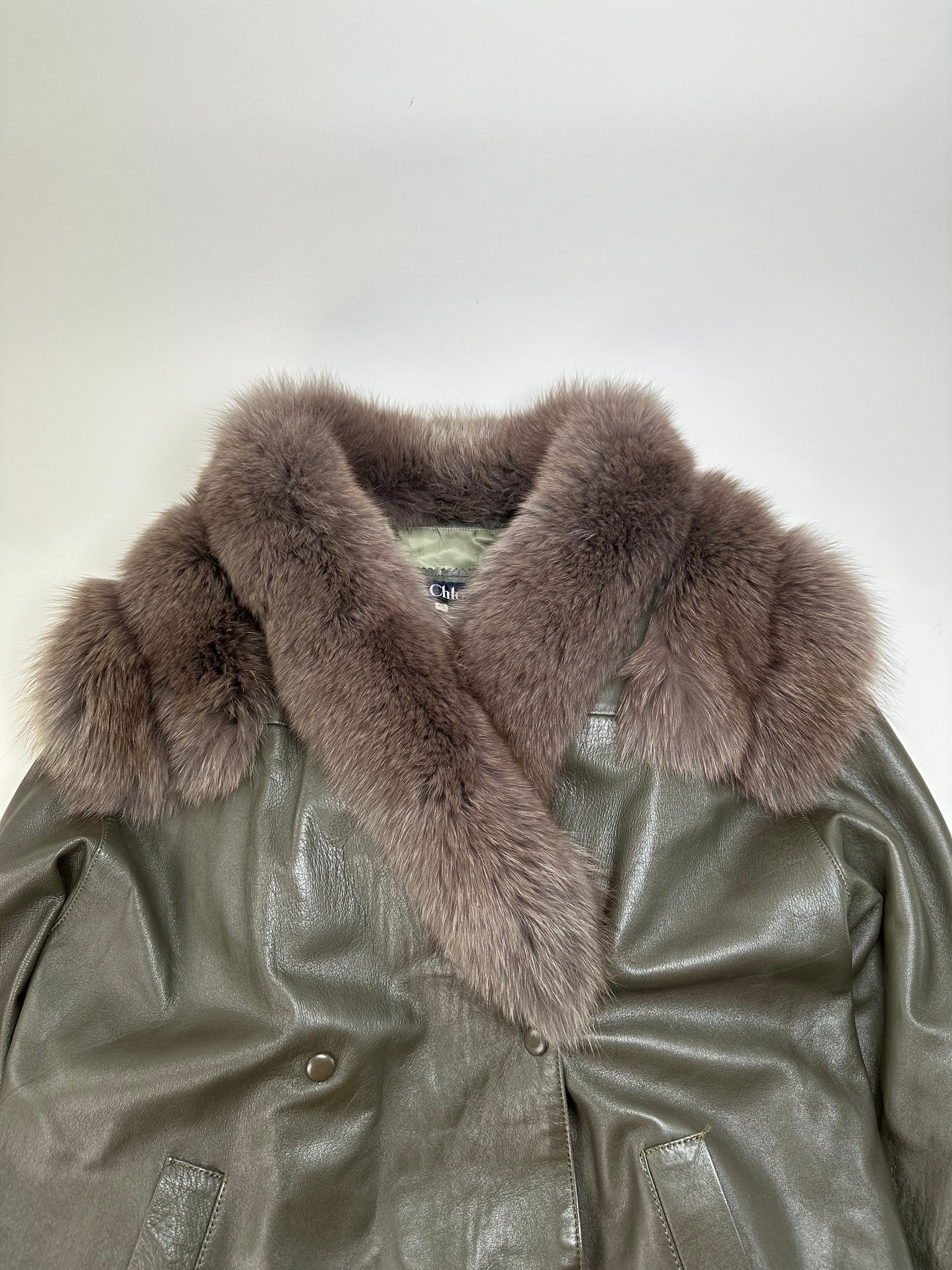 Vintage Chloé Leather Fur Trim Coat Olive Green L
