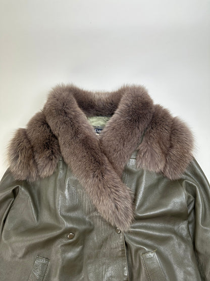 Vintage Chloé Leather Fur Trim Coat Olive Green L
