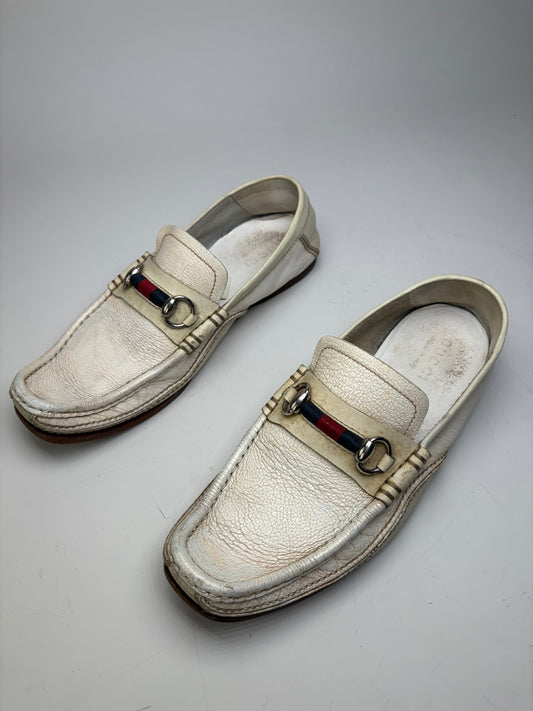 Vintage Gucci Men's Leather Loafers Cream Silver Buckle EU41.5