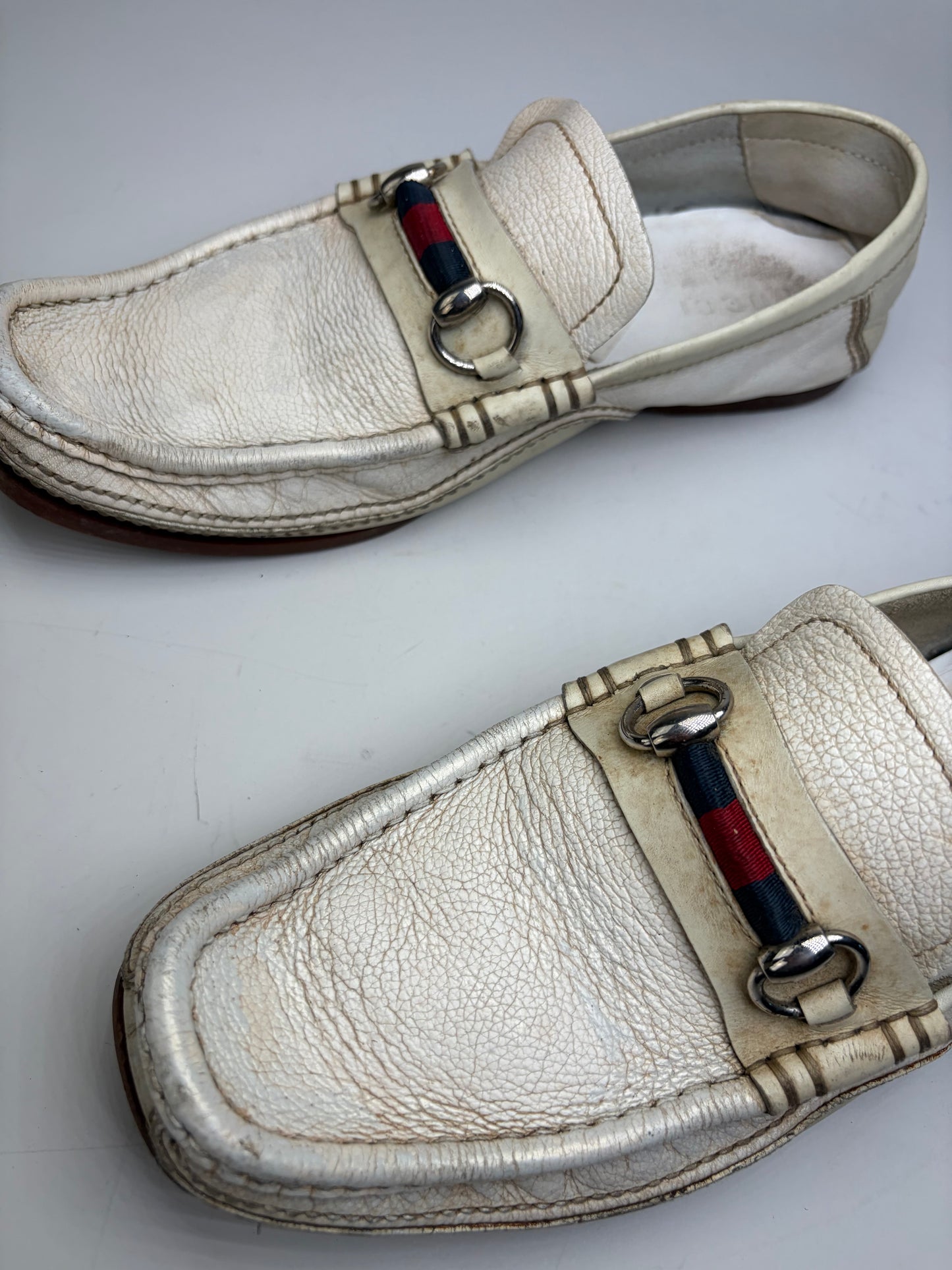 Vintage Gucci Men's Leather Loafers Cream Silver Buckle EU41.5