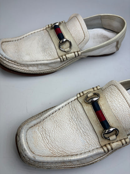 Vintage Gucci Men's Leather Loafers Cream Silver Buckle EU41.5