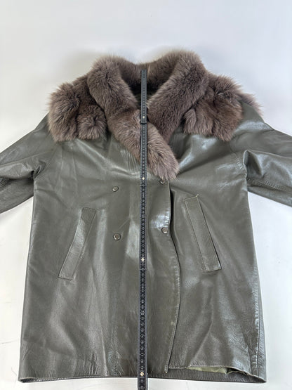 Vintage Chloé Leather Fur Trim Coat Olive Green L
