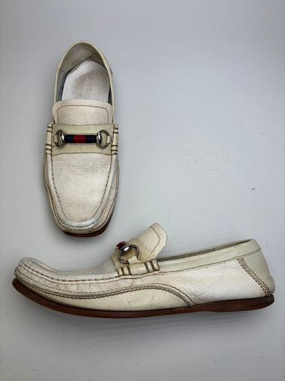 Vintage Gucci Men's Leather Loafers Cream Silver Buckle EU41.5