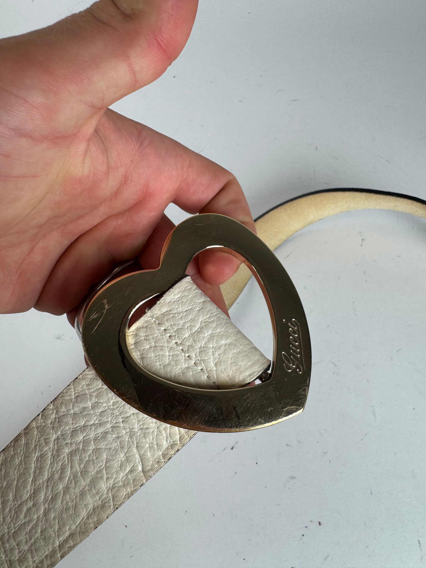 Vintage Gucci Heart Leather Belt white