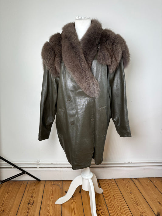 Vintage Chloé Leather Fur Trim Coat Olive Green L