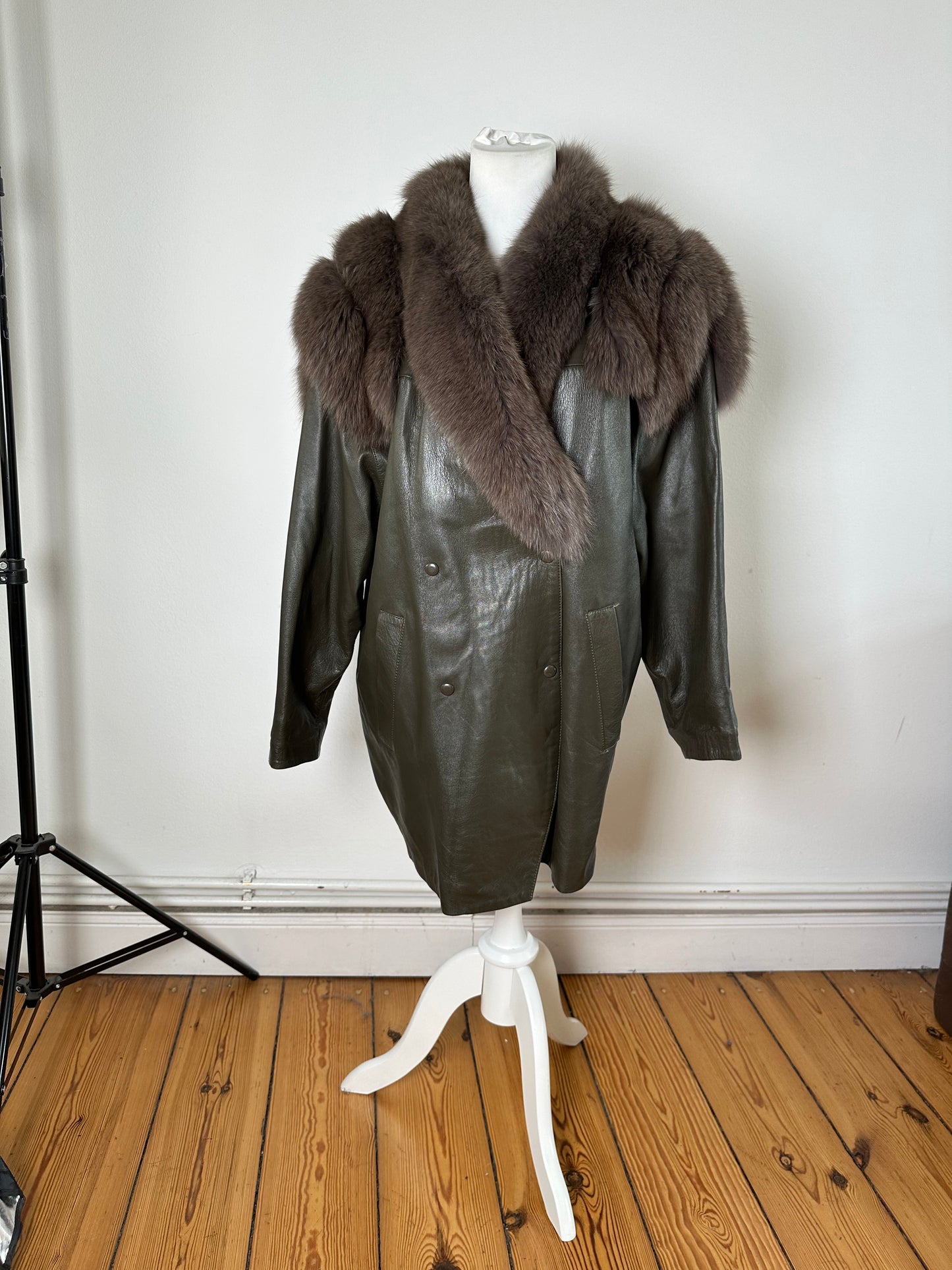 Vintage Chloé Leather Fur Trim Coat Olive Green L