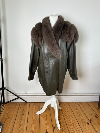 Vintage Chloé Leather Fur Trim Coat Olive Green L